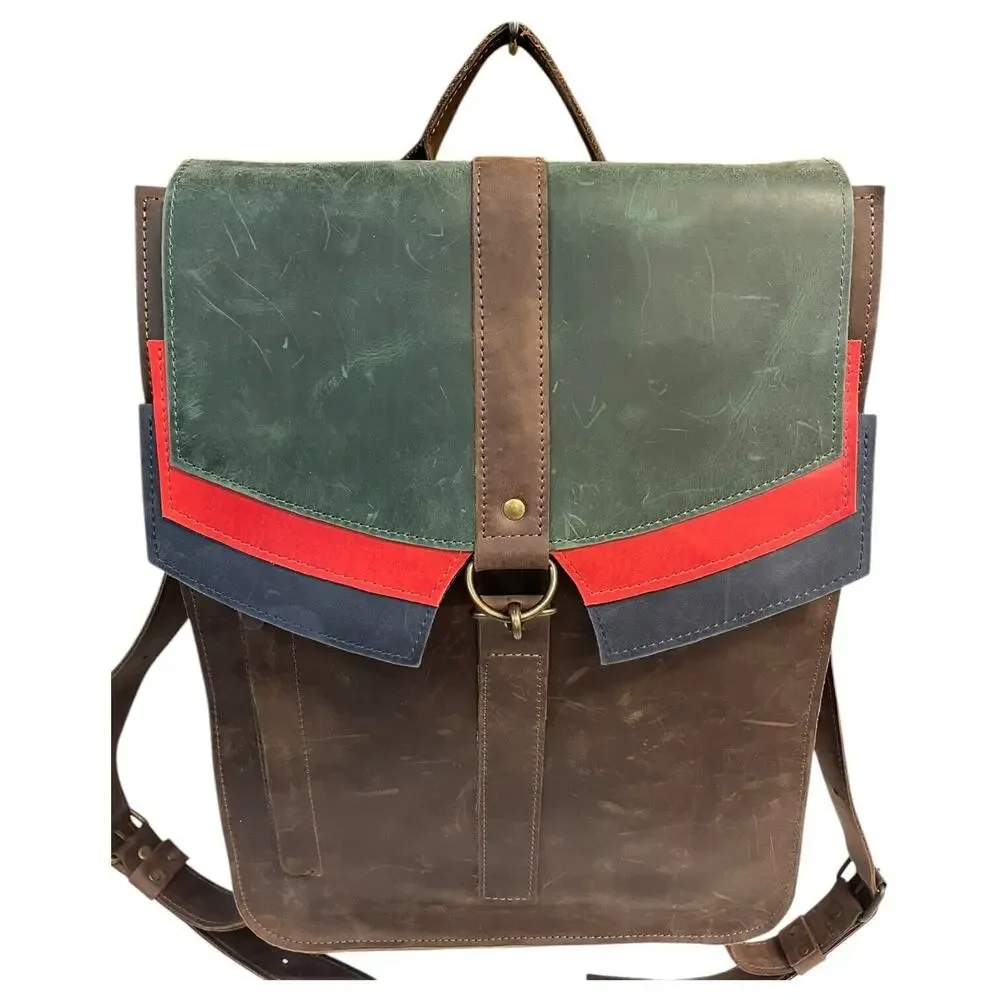 Leather Handmade Backpack Laptop Flap Closure Adjustable Clasp Unisex Brown